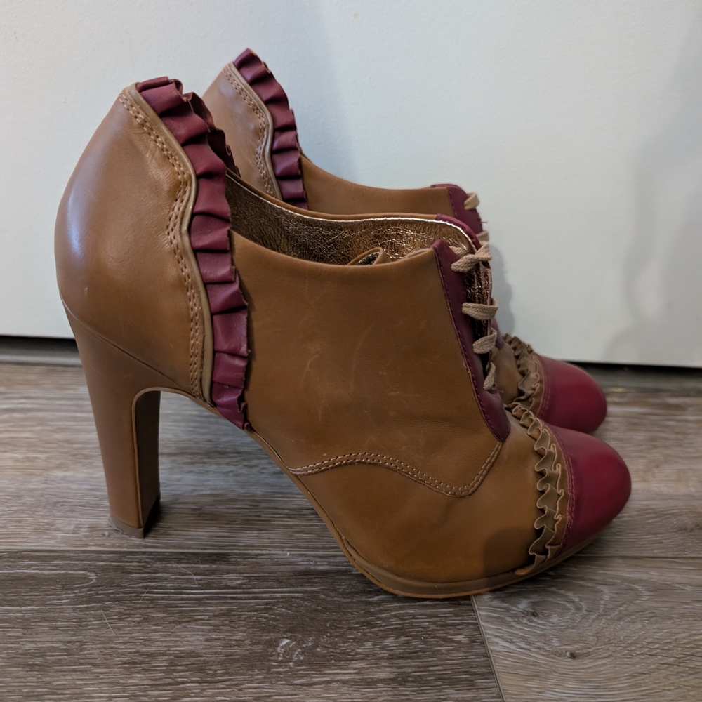 Anthropologie Miss Albright Brown Heels with Ruffled Trim